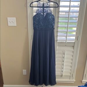 Navy Blue Sequin Halter Prom Dress